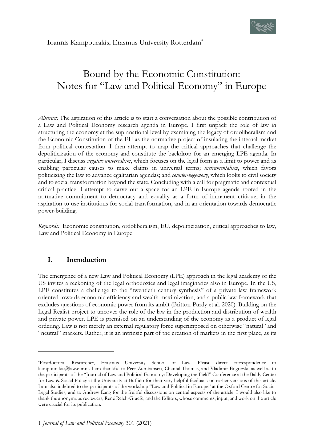 Bound by the Economic Constitution: Notes for “Law and Political Economy” in Europe