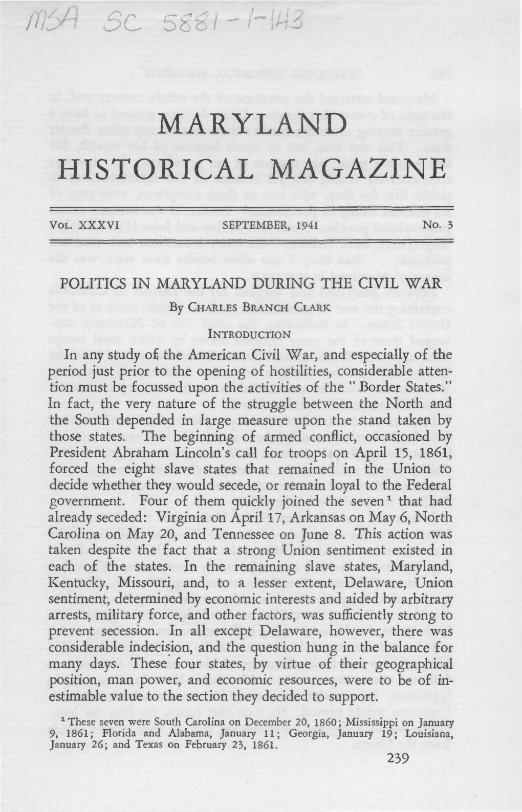 Maryland Historical Magazine, 1941, Volume 36, Issue No. 3