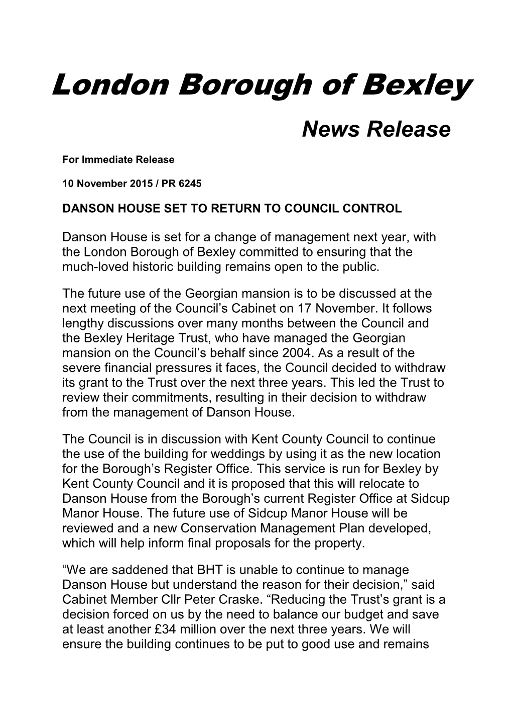 London Borough of Bexley News Release