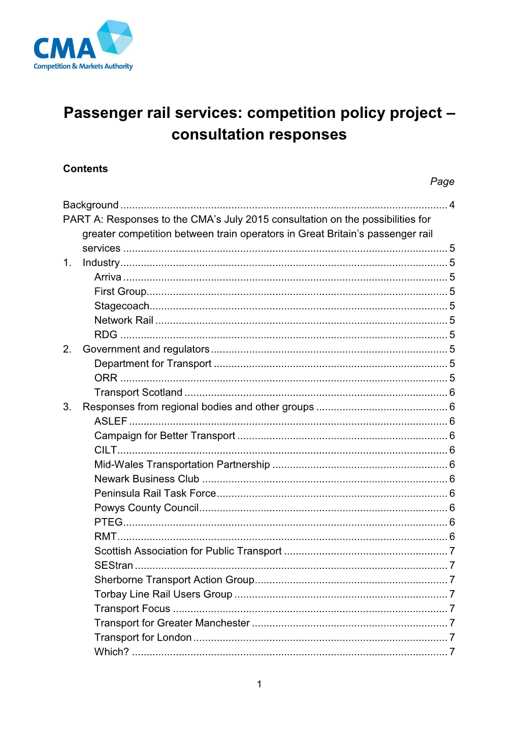 Passenger Rail Services: Competition Policy Project – Consultation Responses