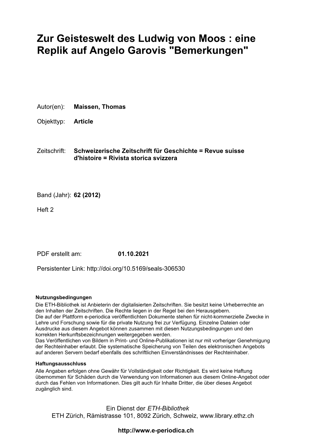 Zur Geisteswelt Des Ludwig Von Moos : Eine Replik Auf Angelo Garovis "Bemerkungen"