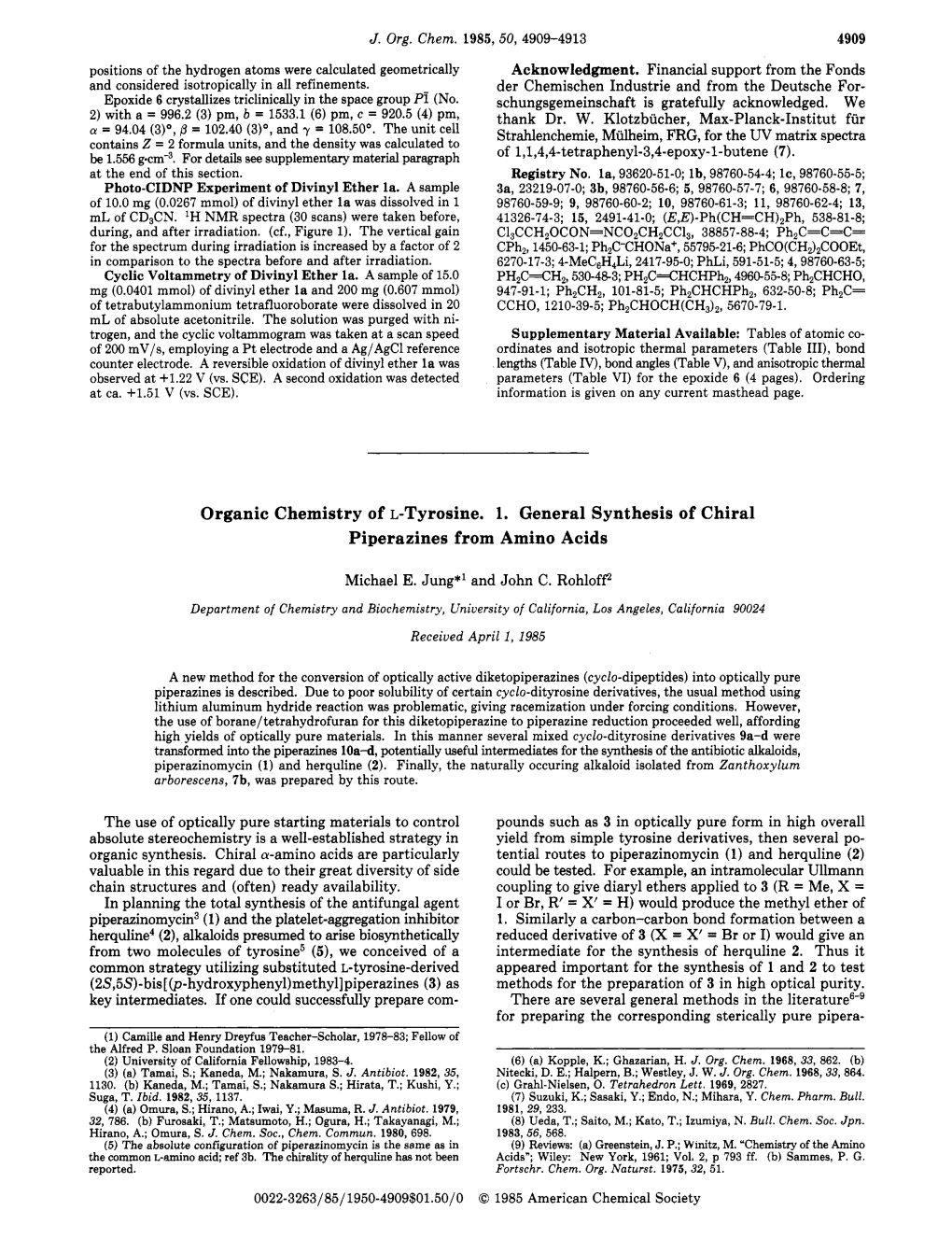 Organic Chemistry of L-Tyrosine. 1. General Synthesis of Chiral Piperazines from Amino Acids