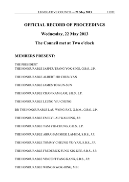 OFFICIAL RECORD of PROCEEDINGS Wednesday, 22