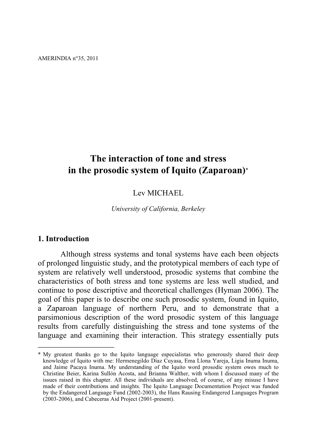 The Interaction of Tone and Stress in the Prosodic System of Iquito (Zaparoan)*