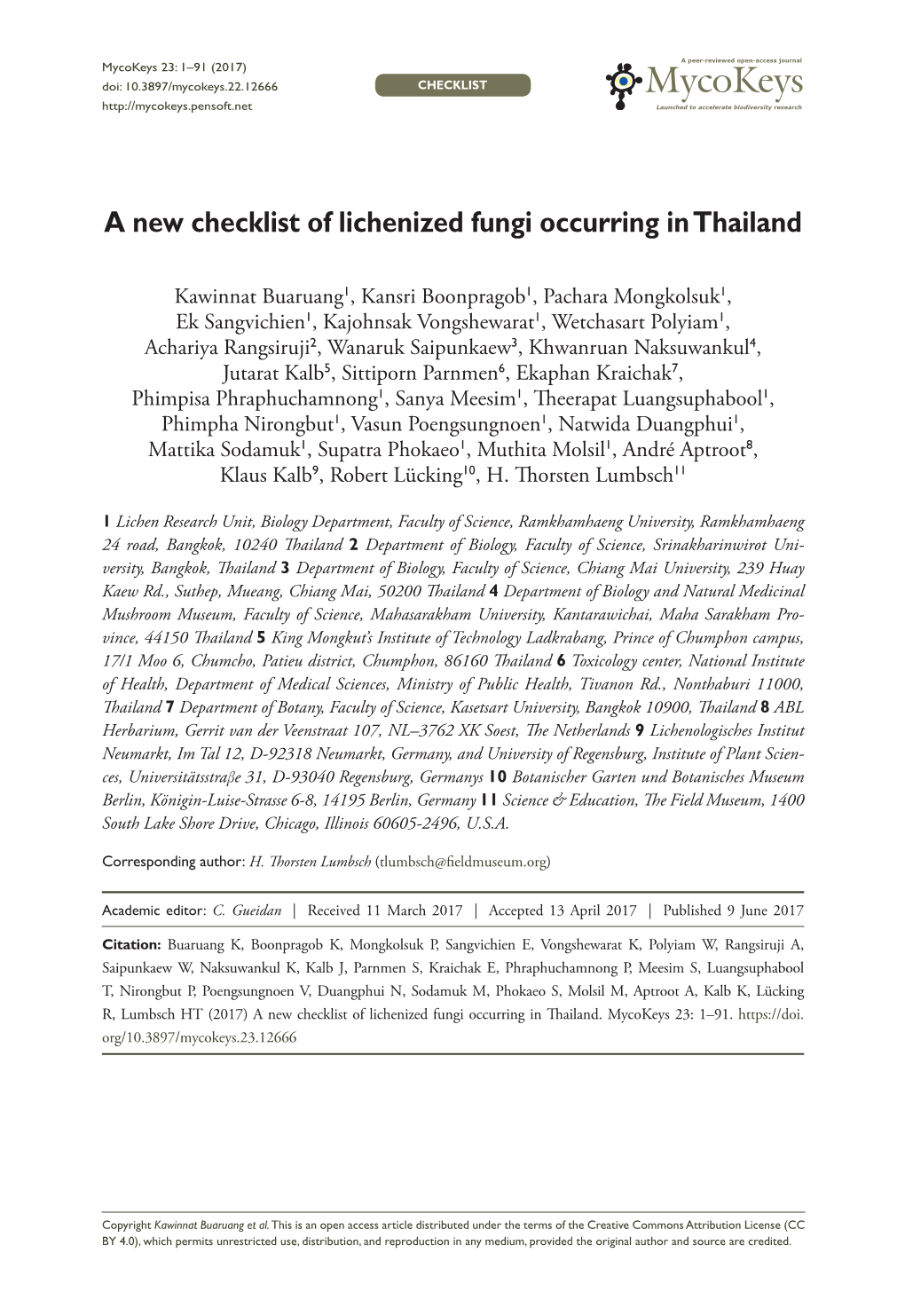 A New Checklist of Lichenized Fungi Occurring in Thailand