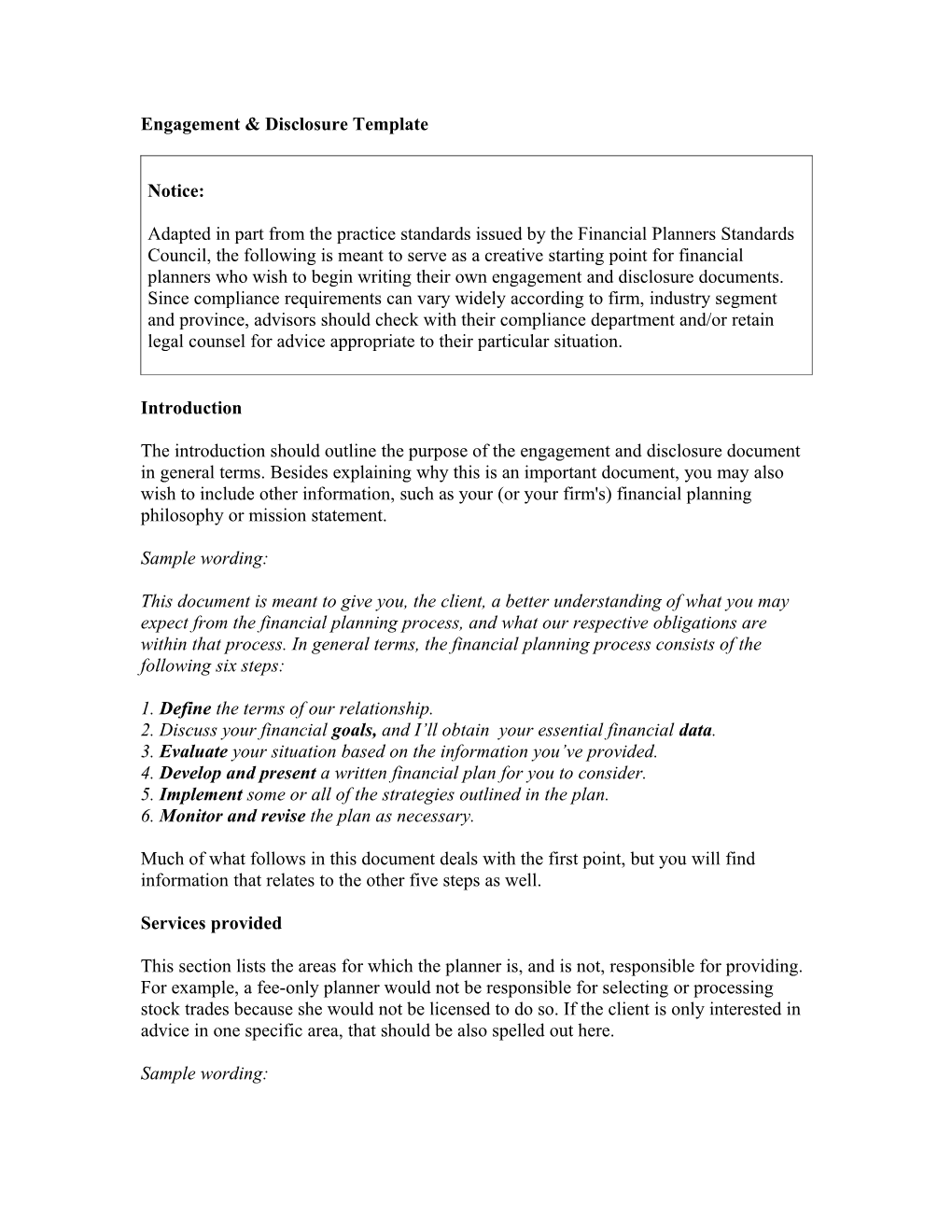 Engagement & Disclosure Template