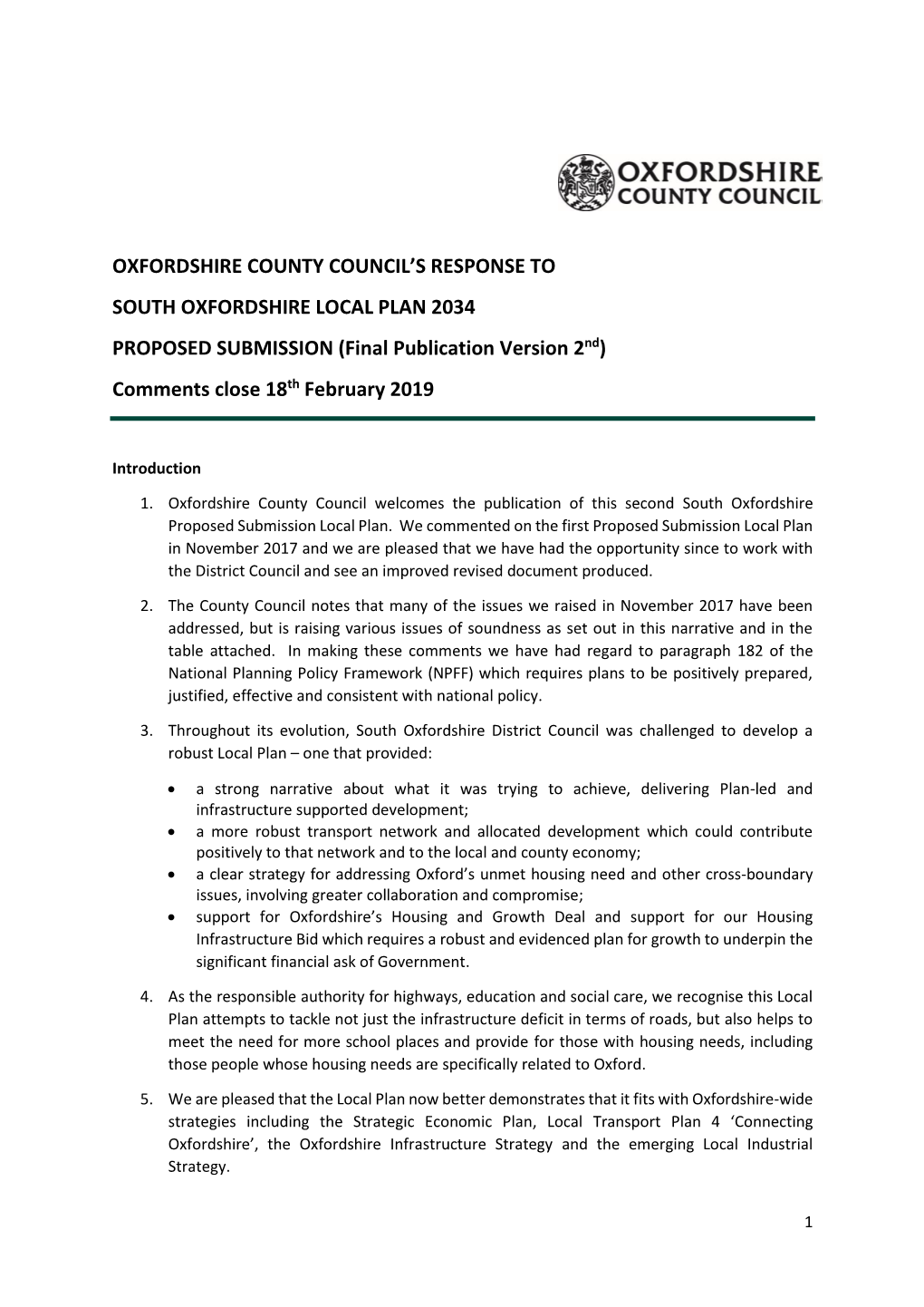 SOUTH OXFORDSHIRE LOCAL PLAN 2034 PROPOSED SUBMISSION (Final Publication Version 2Nd) Comments Close 18Th February 2019