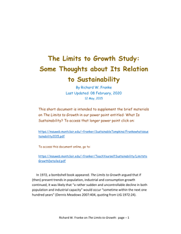 The Limits to Growth Study: Some Thoughts About Its Relation to Sustainability by Richard W