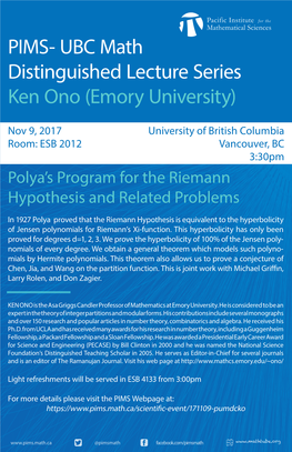 UBC Math Distinguished Lecture Series Ken Ono (Emory University)