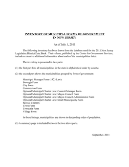 Inventory of Municipal Forms of Government in New Jersey