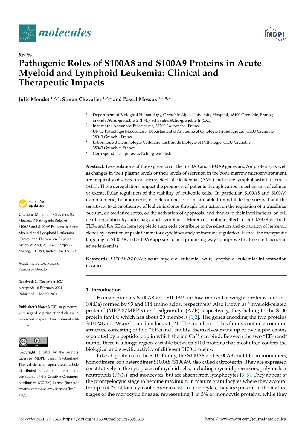 Pathogenic Roles of S100A8 and S100A9 Proteins in Acute Myeloid and Lymphoid Leukemia: Clinical and Therapeutic Impacts