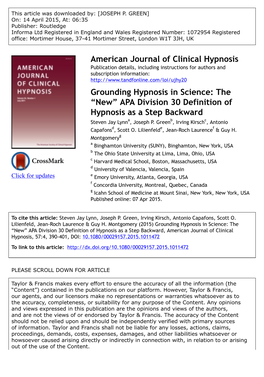 The “New” APA Division 30 Definition of Hypnosis As a Step Backward Steven Jay Lynna, Joseph P