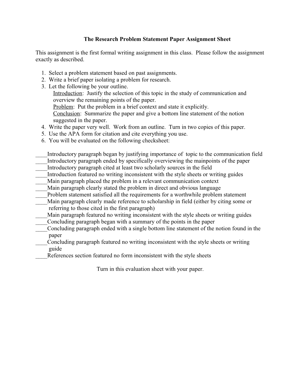 The Research Problem Statement Paper Assignment Sheet