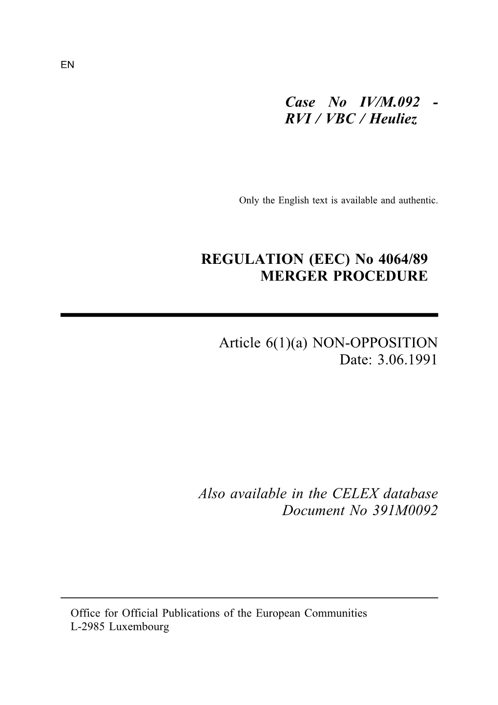 Merger Decision IV/M.92 of 03.06.1991