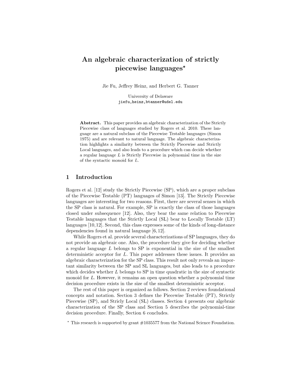 An Algebraic Characterization of Strictly Piecewise Languages⋆