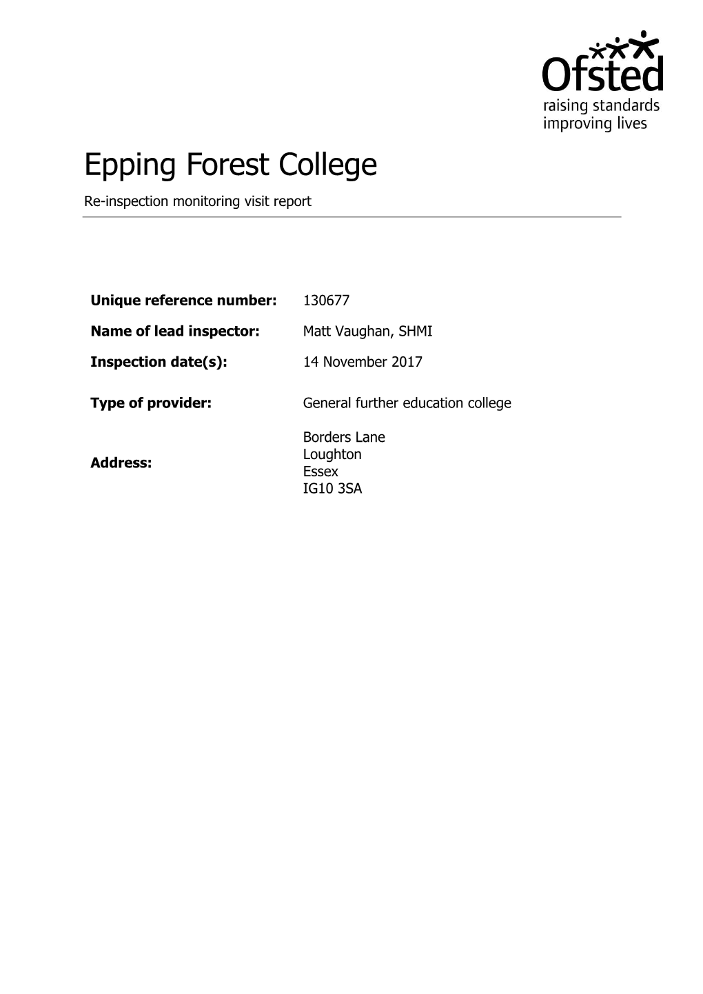 Epping Forest College Re-Inspection Monitoring Visit Report
