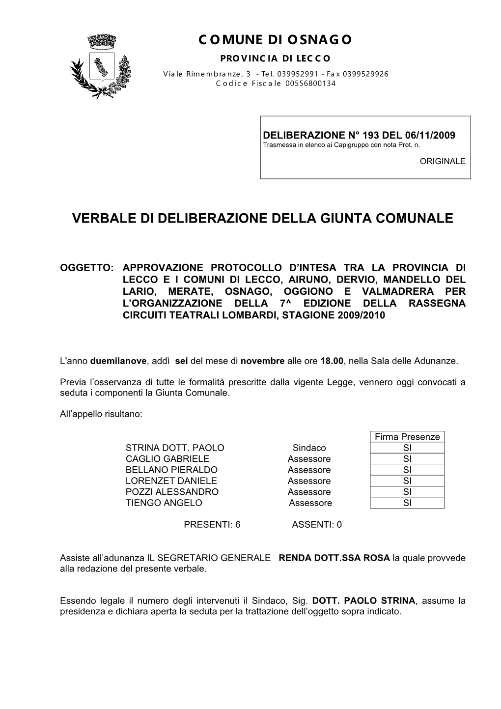 Comune Di Osnago Verbale Di Deliberazione Della Giunta Comunale