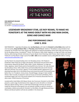 Legendary Broadway Star, Lee Roy Reams, to Make His Feinstein’S at the Nikko Debut with His One-Man Show, Song and Dance Man