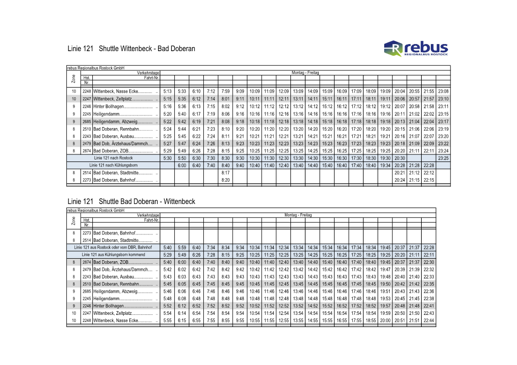 Linie 121 Shuttle Wittenbeck - Bad Doberan Rebus Regionalbus Rostock Gmbh Verkehrstage Montag - Freitag Hst