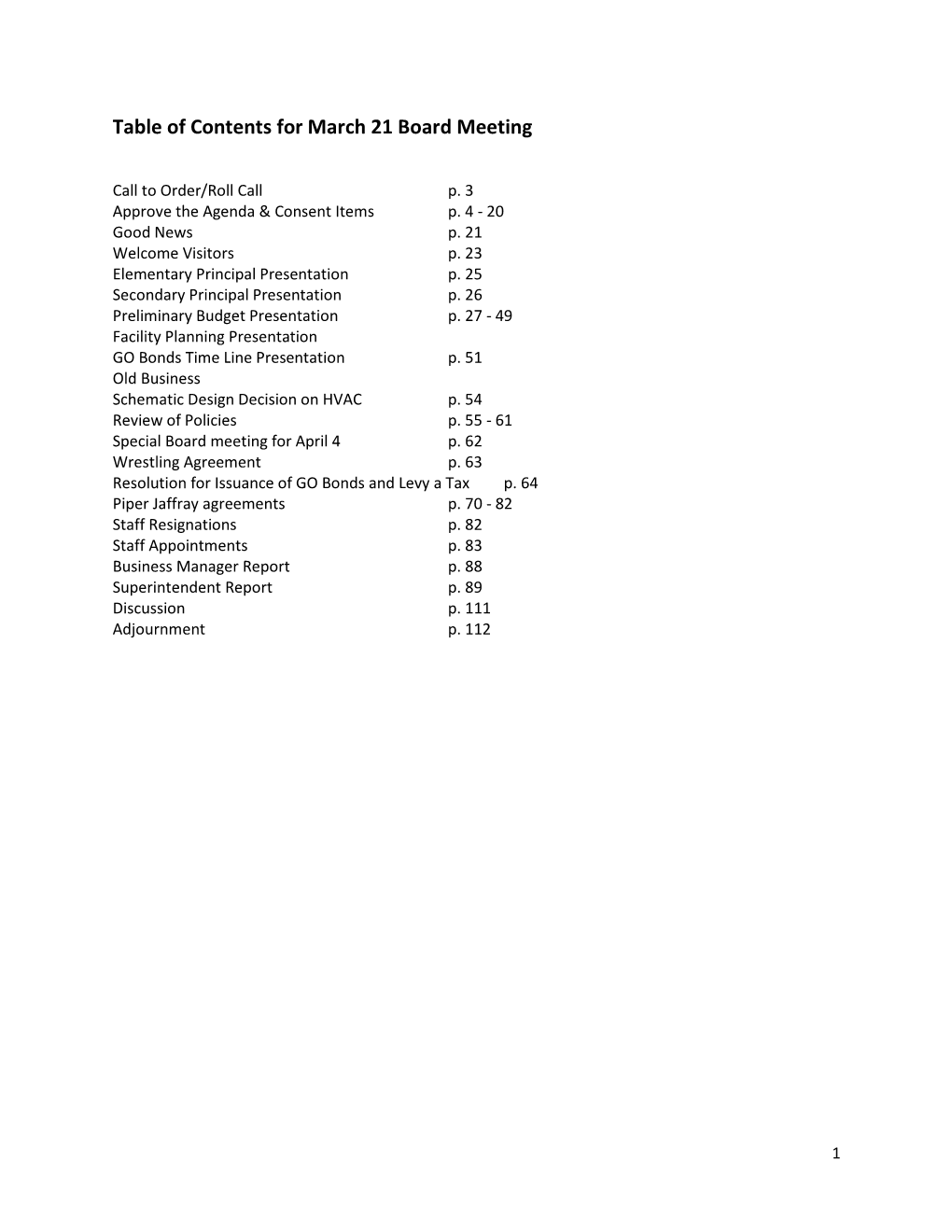 Table of Contents for March 21 Board Meeting