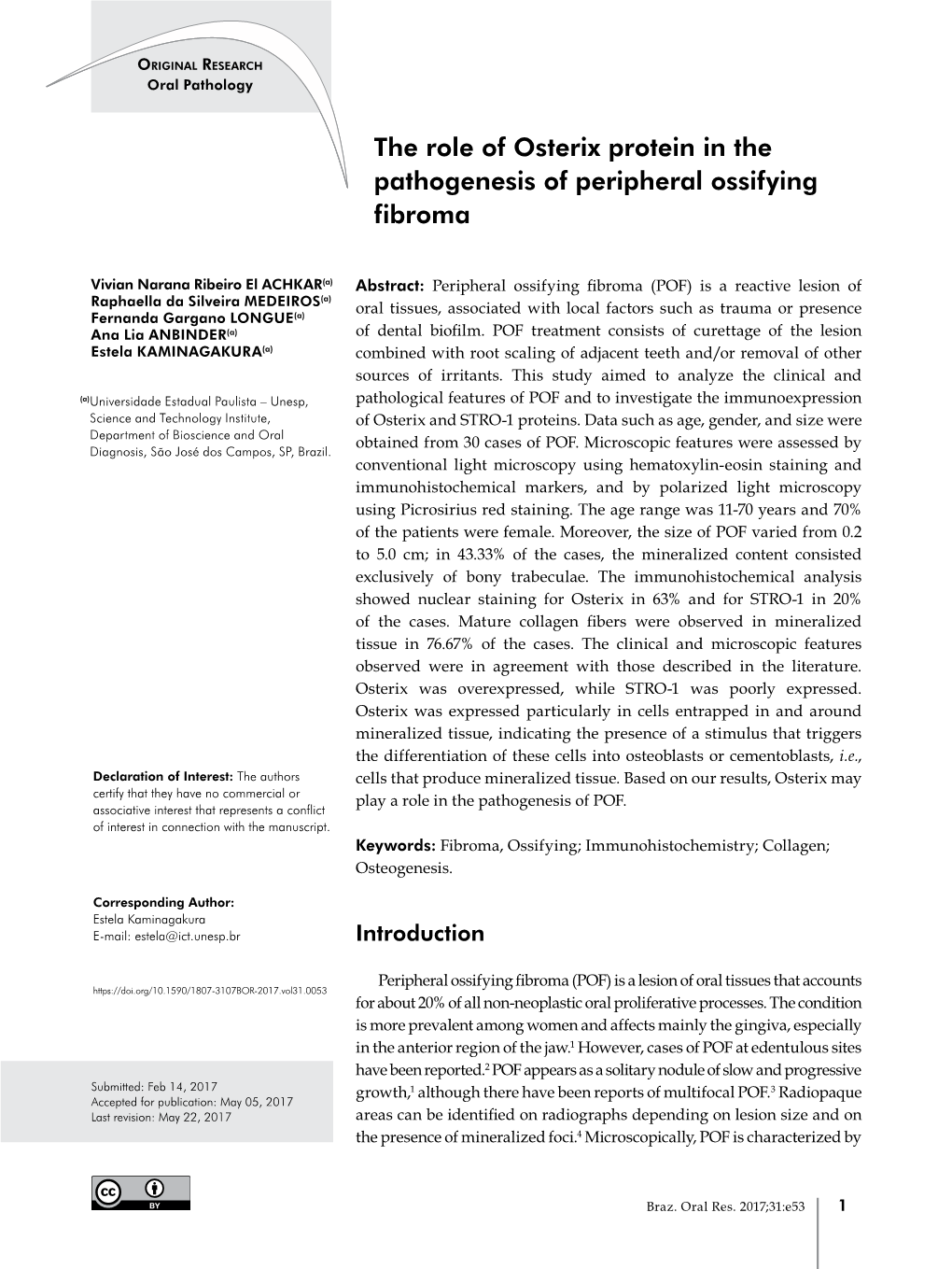 The Role of Osterix Protein in the Pathogenesis of Peripheral Ossifying Fibroma