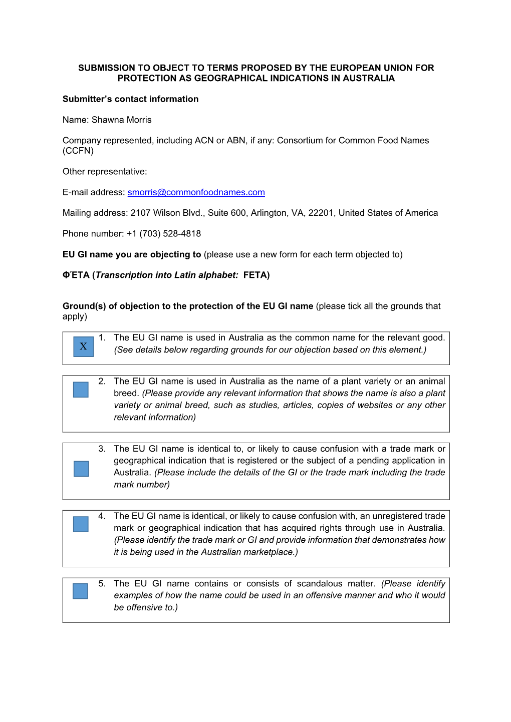 Submission to Object to Terms Proposed by the European Union for Protection As Geographical Indications in Australia