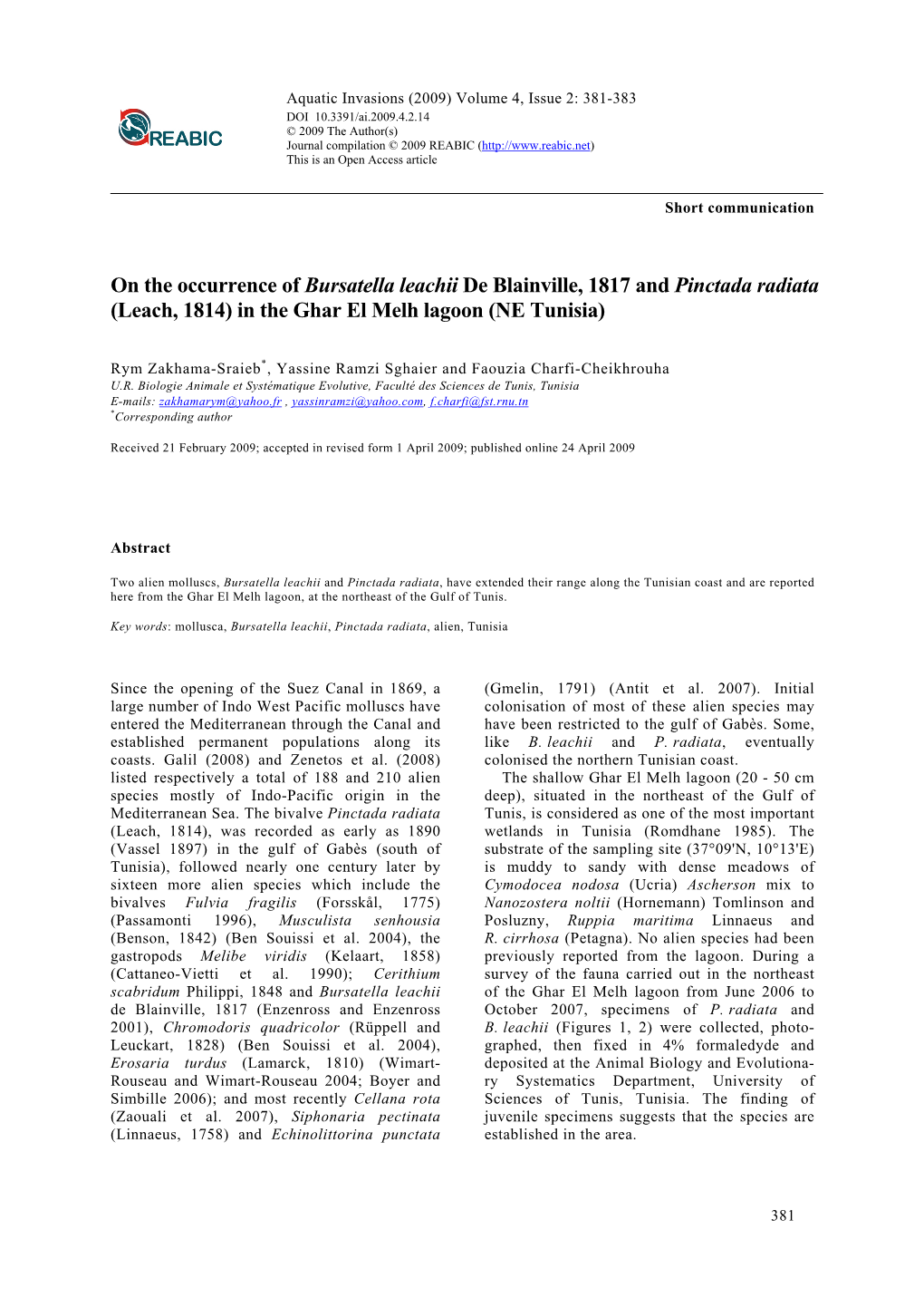 On the Occurrence of Bursatella Leachii De Blainville, 1817 and Pinctada Radiata (Leach, 1814) in the Ghar El Melh Lagoon (NE Tunisia)