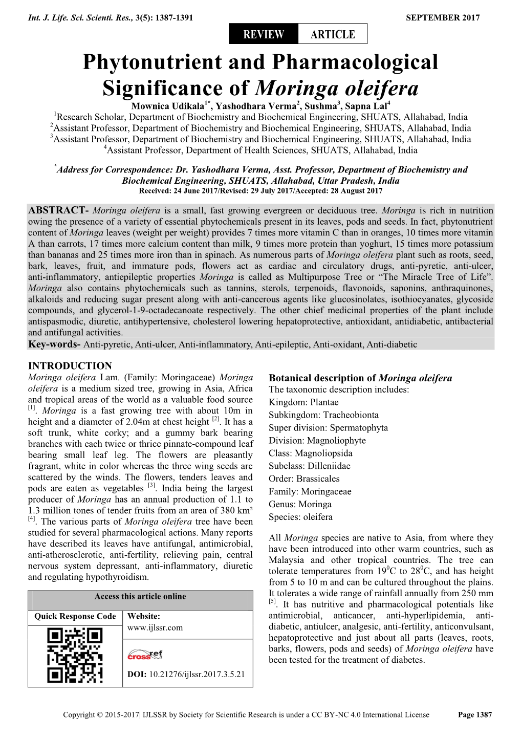 Phytonutrient and Pharmacological Significance of Moringa Oleifera