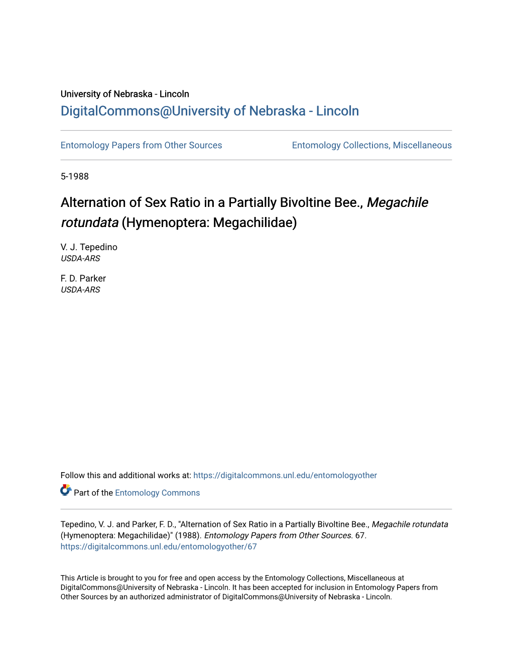 Alternation of Sex Ratio in a Partially Bivoltine Bee., Megachile Rotundata (Hymenoptera: Megachilidae)