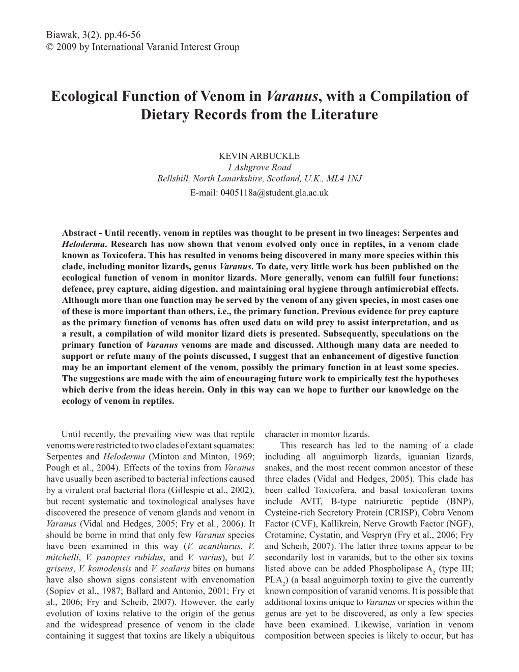 Ecological Function of Venom in Varanus, with a Compilation of Dietary Records from the Literature