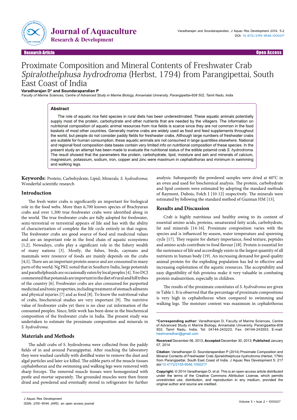 Proximate Composition and Mineral Contents of Freshwater Crab Spiralothelphusa Hydrodroma