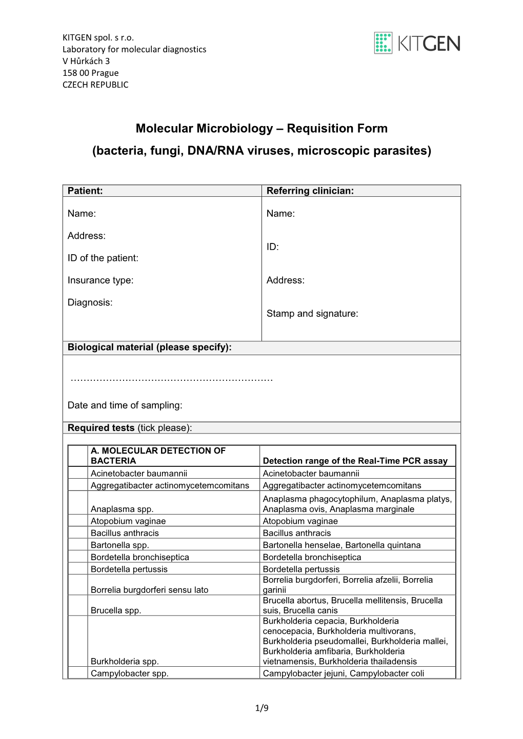 Molecular Microbiology – Requisition Form (Bacteria, Fungi, DNA/RNA Viruses, Microscopic Parasites)