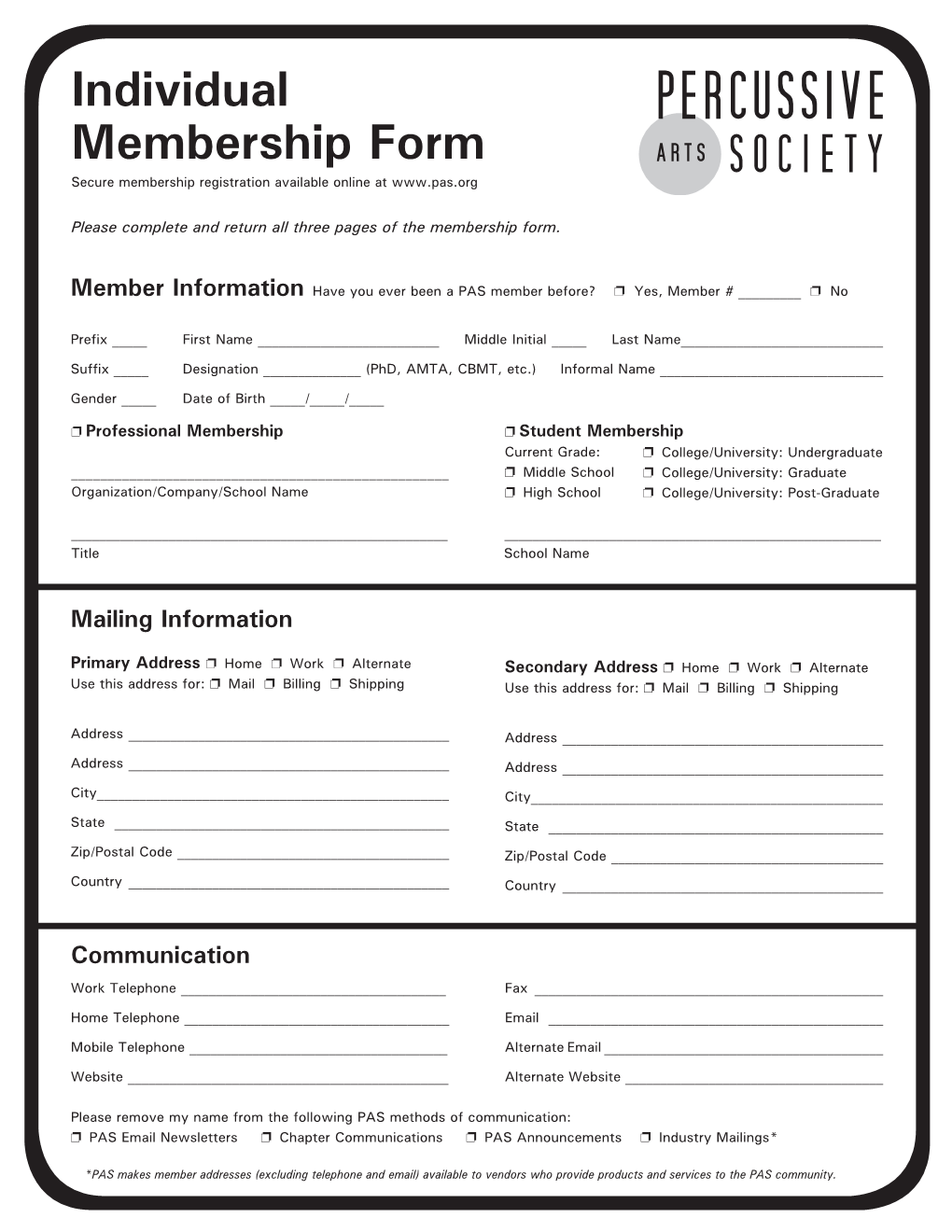 Individual Membership Form Secure Membership Registration Available Online At