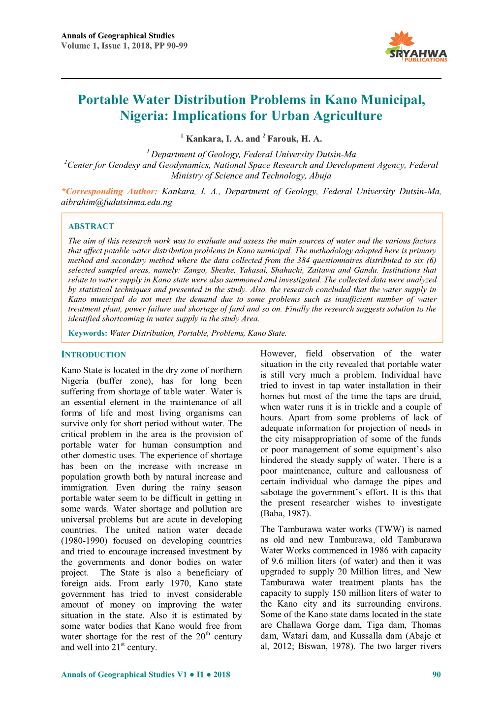 Portable Water Distribution Problems in Kano Municipal, Nigeria: Implications for Urban Agriculture