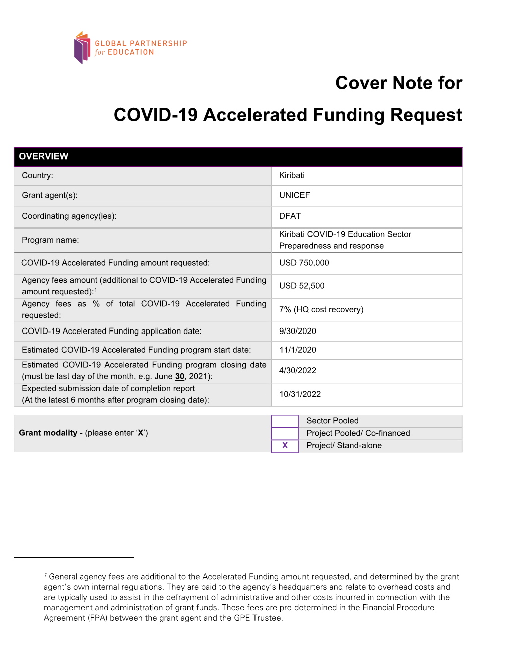 Cover Note for COVID-19 Accelerated Funding Request