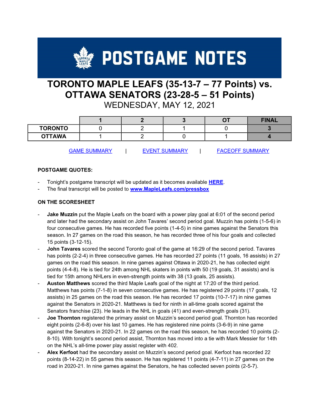 TORONTO MAPLE LEAFS (35-13-7 – 77 Points) Vs. OTTAWA SENATORS (23-28-5 – 51 Points) WEDNESDAY, MAY 12, 2021