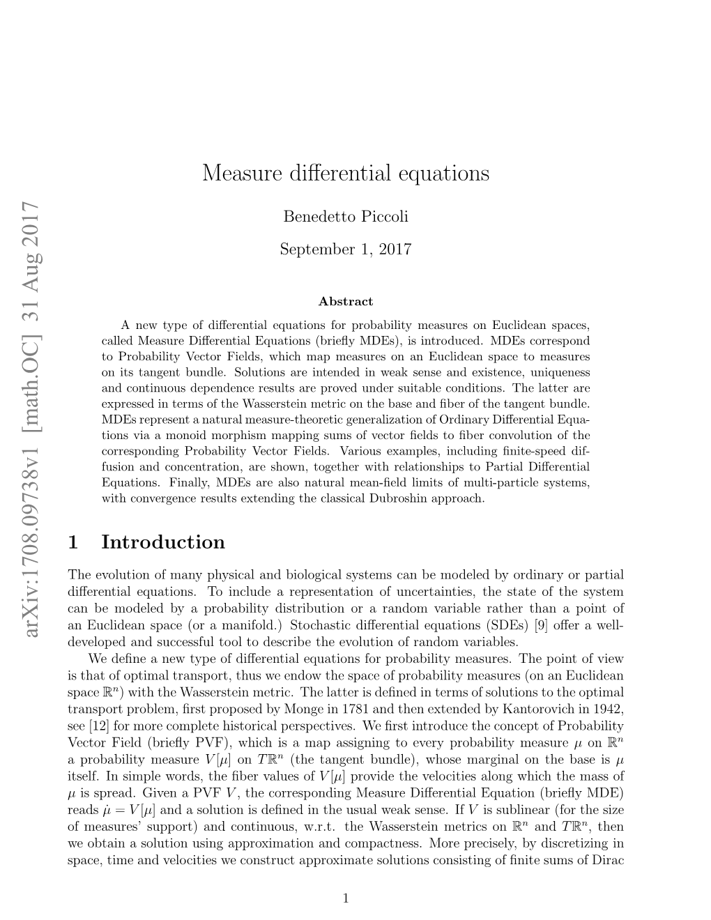 Arxiv:1708.09738V1 [Math.OC] 31 Aug 2017 Measure Differential Equations