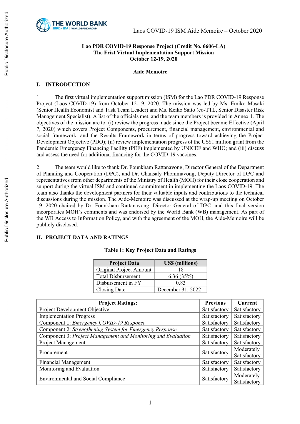 Laos COVID-19 ISM Aide Memoire – October 2020