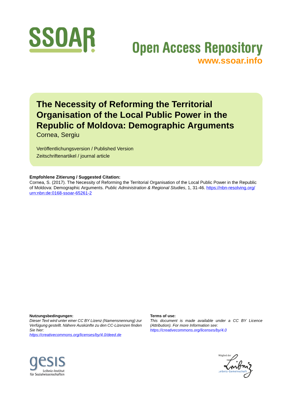 The Necessity of Reforming the Territorial Organisation of the Local Public Power in the Republic of Moldova: Demographic Arguments Cornea, Sergiu