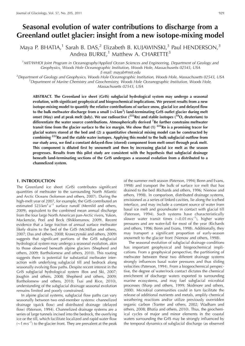 Seasonal Evolution of Water Contributions to Discharge from a Greenland Outlet Glacier: Insight from a New Isotope-Mixing Model