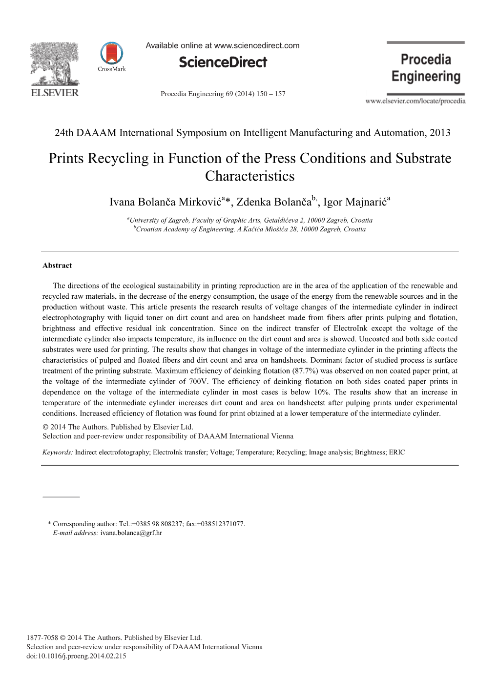 Prints Recycling in Function of the Press Conditions and Substrate Characteristics