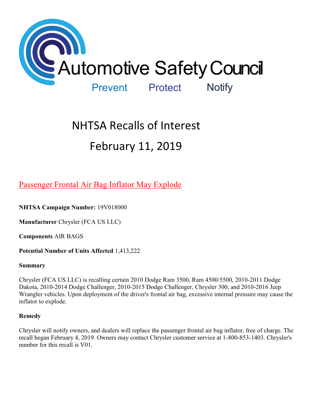 NHTSA Recalls of Interest February 11, 2019