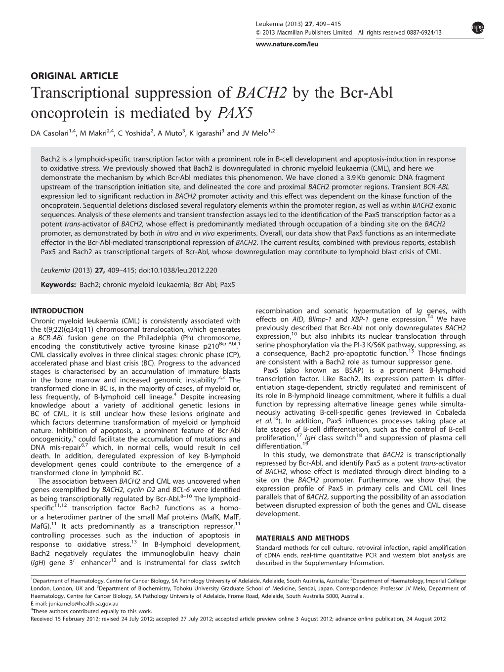 Transcriptional Suppression of BACH2 by the Bcr-Abl Oncoprotein Is Mediated by PAX5