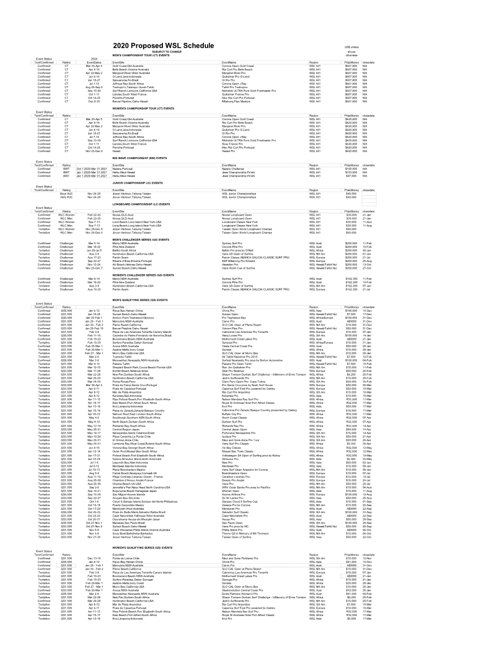 2020 Proposed WSL Schedule