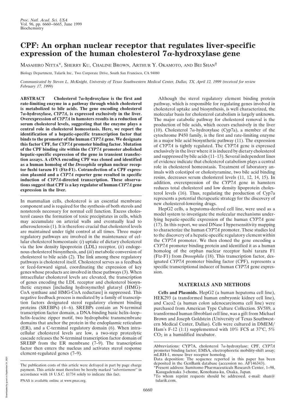 CPF: an Orphan Nuclear Receptor That Regulates Liver-Specific Expression of the Human Cholesterol 7␣-Hydroxylase Gene