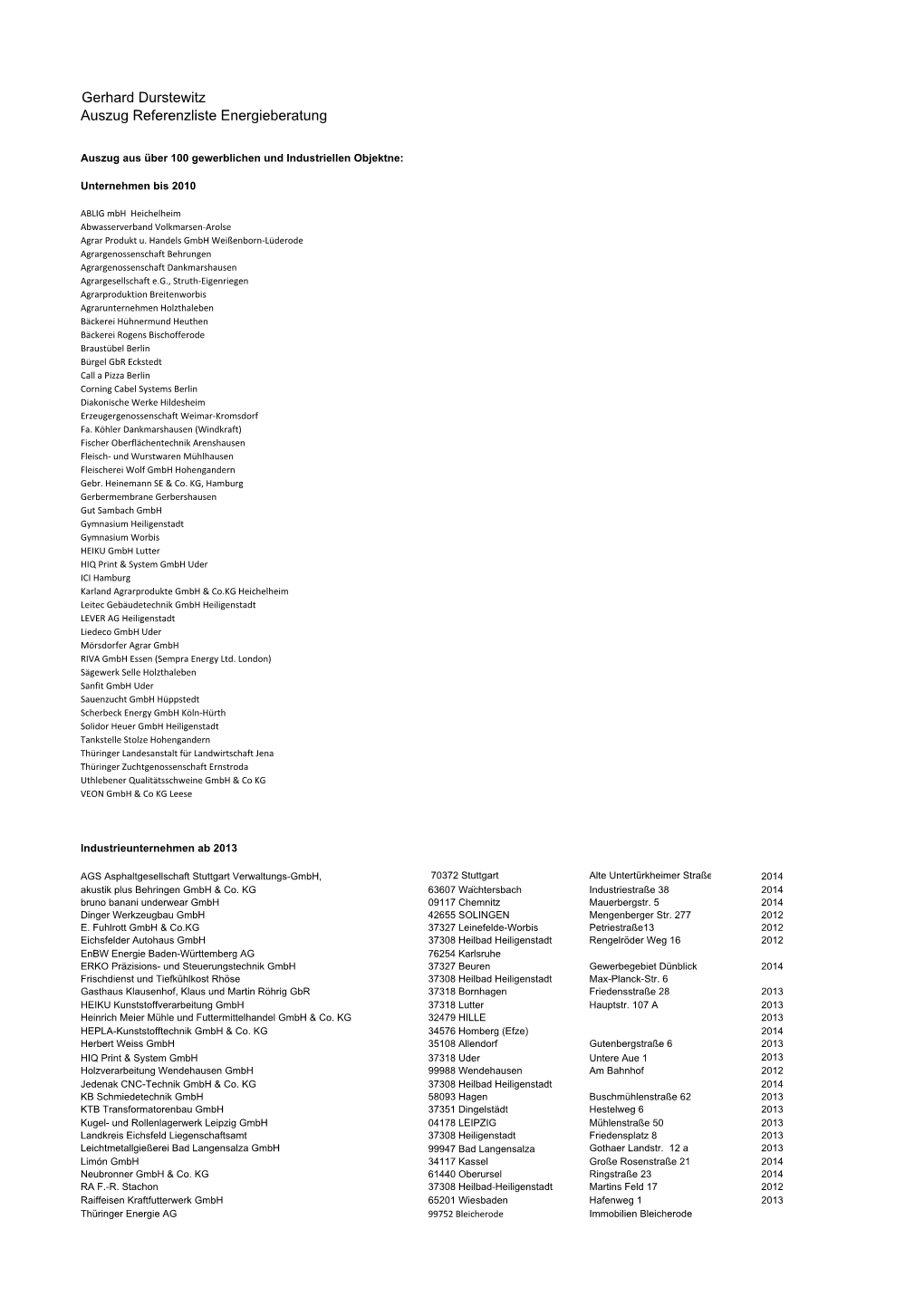 Gerhard Durstewitz Auszug Referenzliste Energieberatung