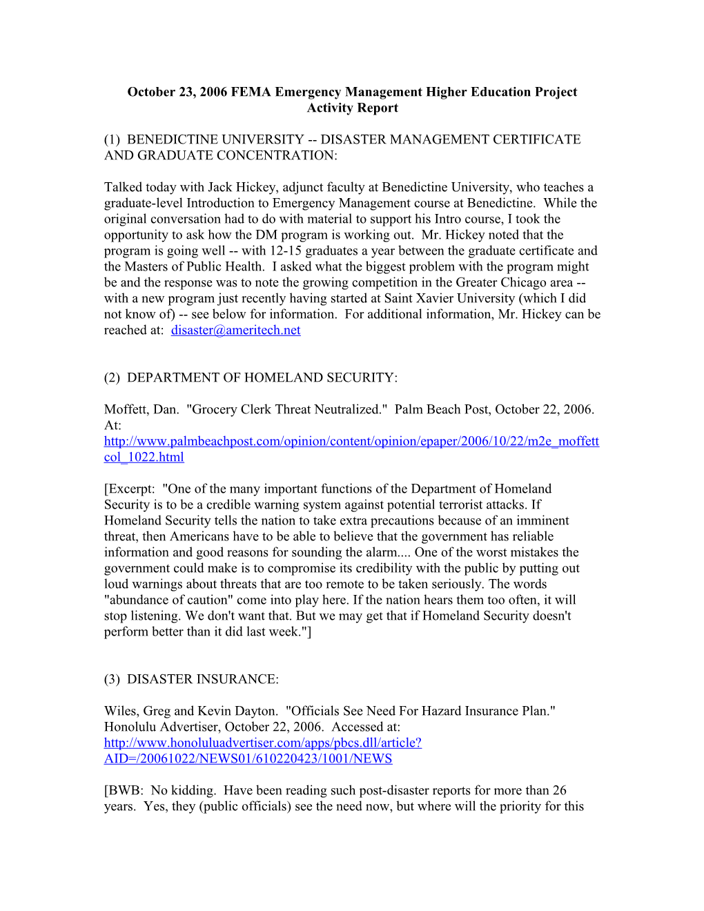 October 23, 2006 FEMA Emergency Management Higher Education Project Activity Report