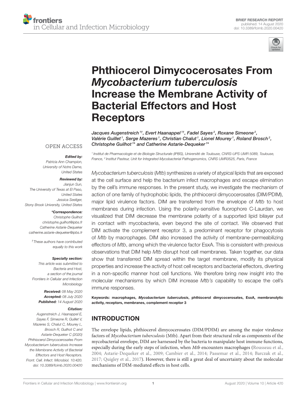 Phthiocerol Dimycocerosates from Mycobacterium Tuberculosis Increase the Membrane Activity of Bacterial Effectors and Host Receptors