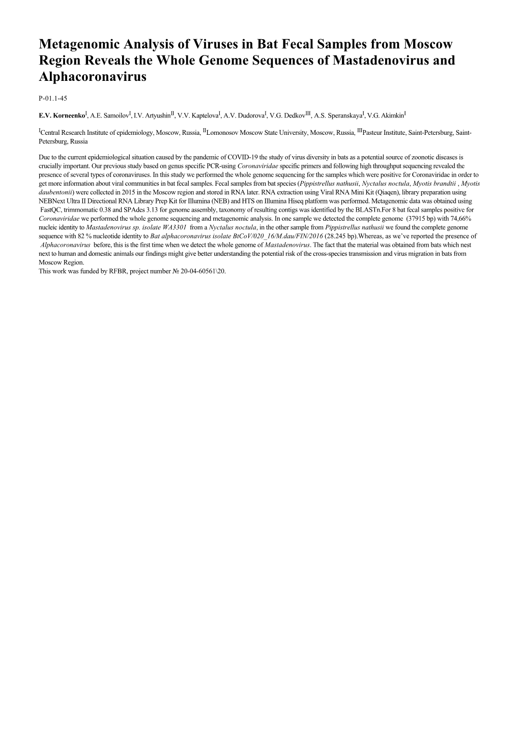 Metagenomic Analysis of Viruses in Bat Fecal Samples from Moscow Region Reveals the Whole Genome Sequences of Mastadenovirus and Alphacoronavirus