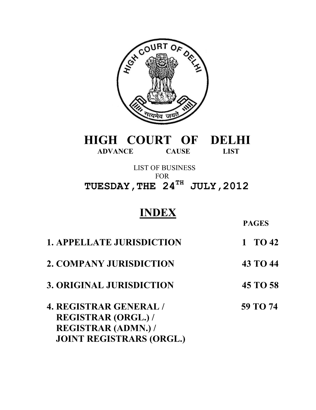 High Court of Delhi Advance Cause List